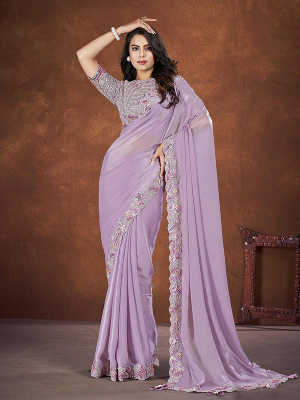 Lavender Crepe Satin Silk Saree with Sequin Embroidery Pistachio Blouse - VJV Now