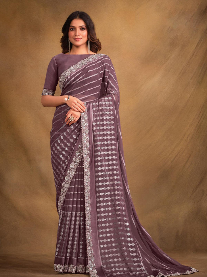 Lavender Georgette Sequence And Embroidered Work Saree - VJV Now