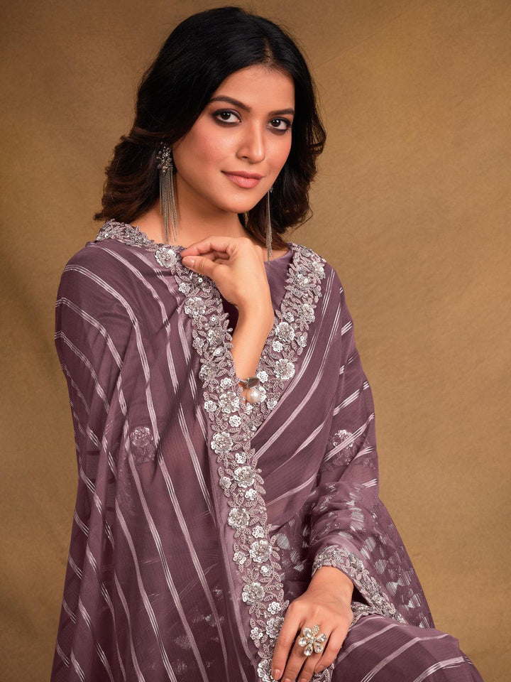 Lavender Georgette Sequence And Embroidered Work Saree - VJV Now