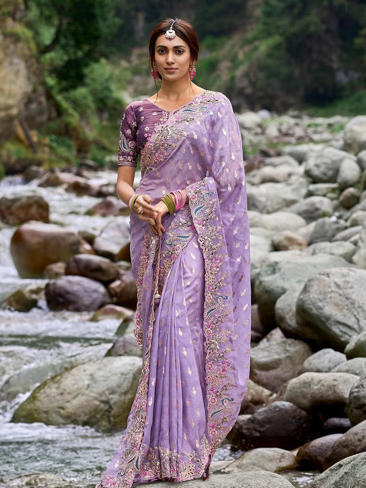 lavender Heavy Embroidered Work Designer Wear Saree - VJV Now