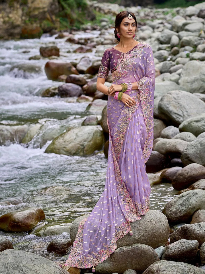 lavender Heavy Embroidered Work Designer Wear Saree - VJV Now