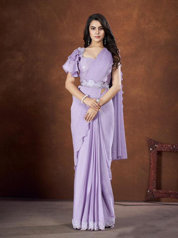 Lavender Sequin party wear Saree with Exquisite Embroidery Blouse - VJV Now