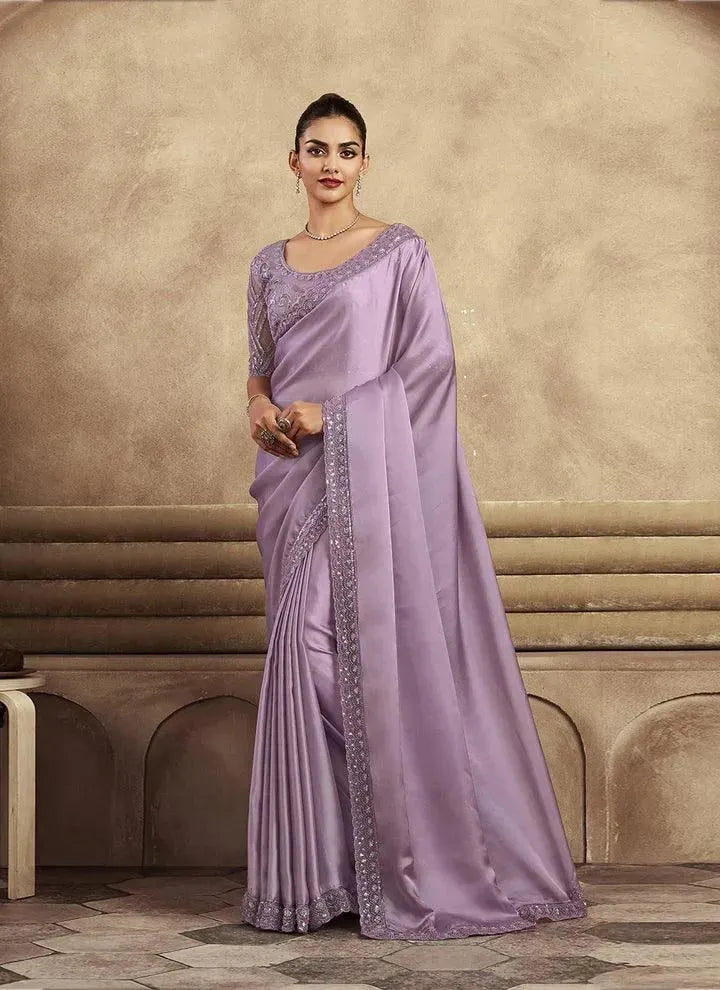 Lavender Sequin Saree with Embroidered Satin Silk Blouse for Party - VJV Now