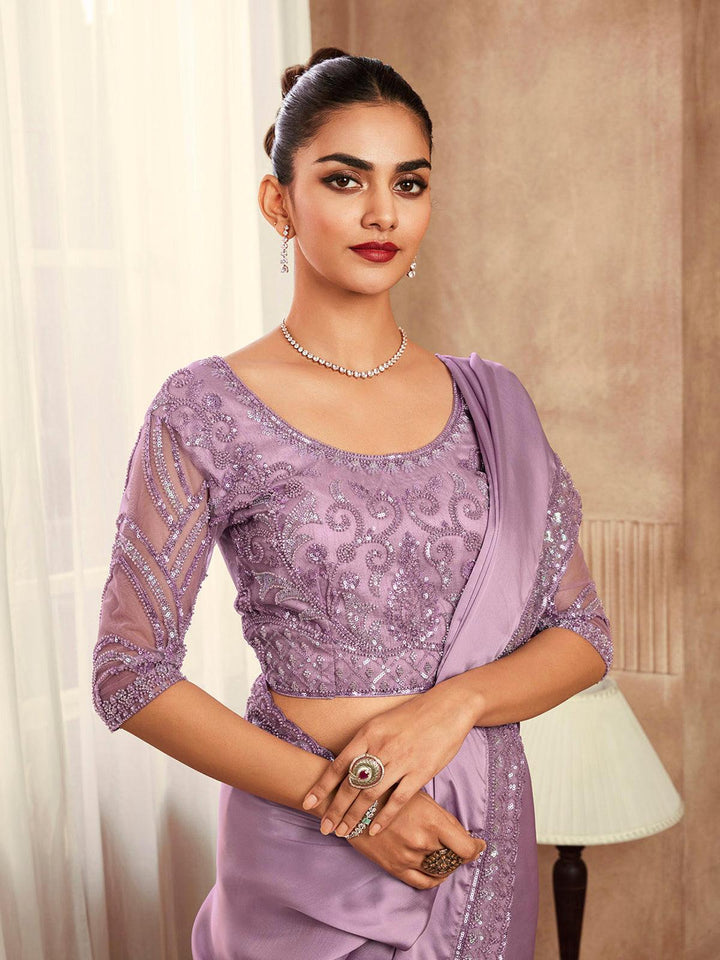 Lavender Sequin Saree with Embroidered Satin Silk Blouse for Party - VJV Now
