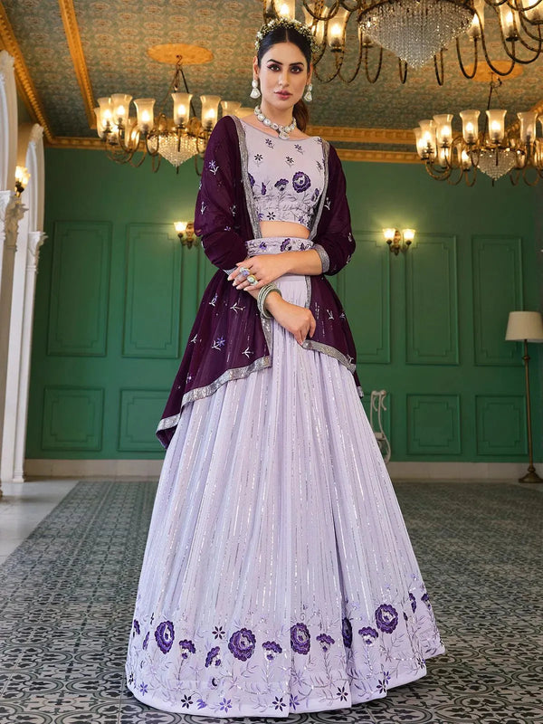 lavender Sequince Embroidered Work Umbrella Lehenga Choli Design Wedding Wear - VJV Now