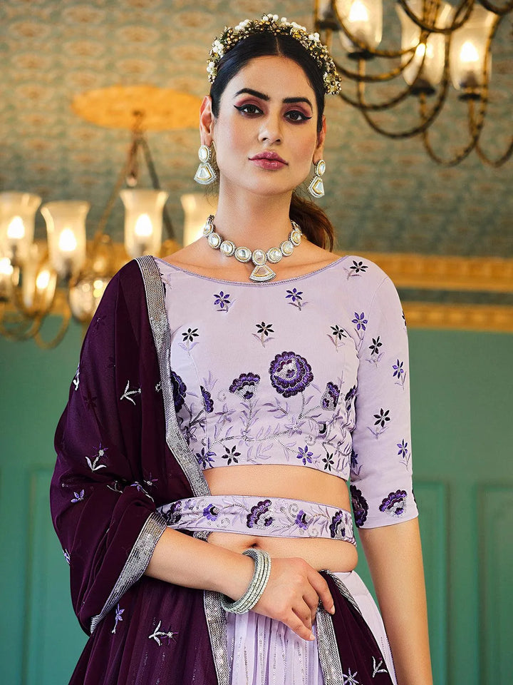 lavender Sequince Embroidered Work Umbrella Lehenga Choli Design Wedding Wear - VJV Now