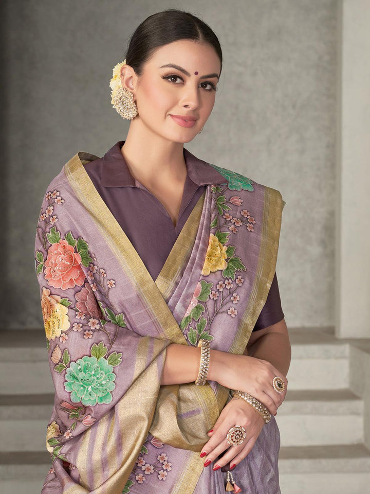Lavender Tussar Silk Woven Design Wear Saree - VJV Now