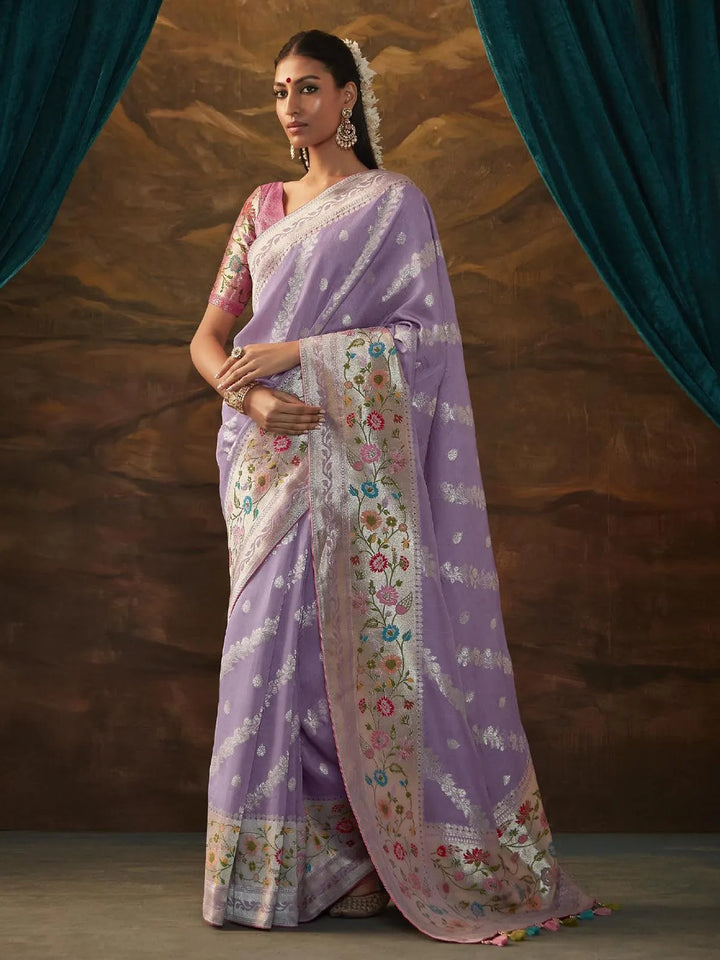 Lavender Woven Dola Silk Zari Work Saree Party Wear - VJV Now