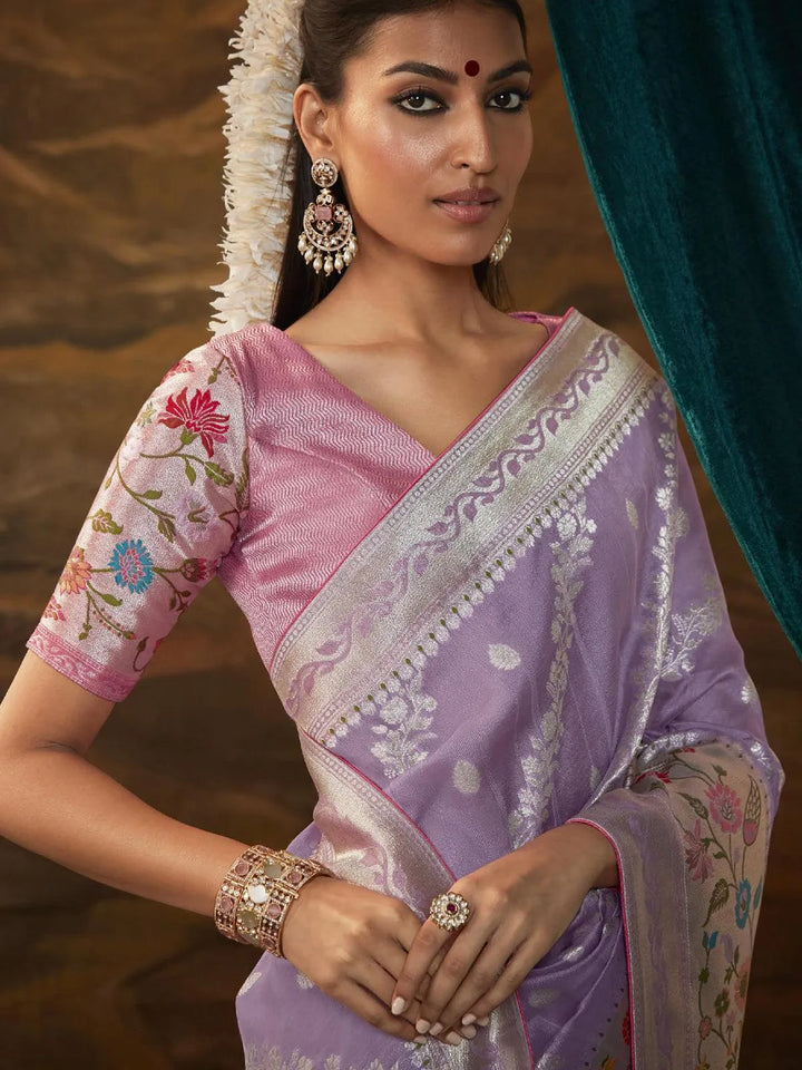 Lavender Woven Dola Silk Zari Work Saree Party Wear - VJV Now