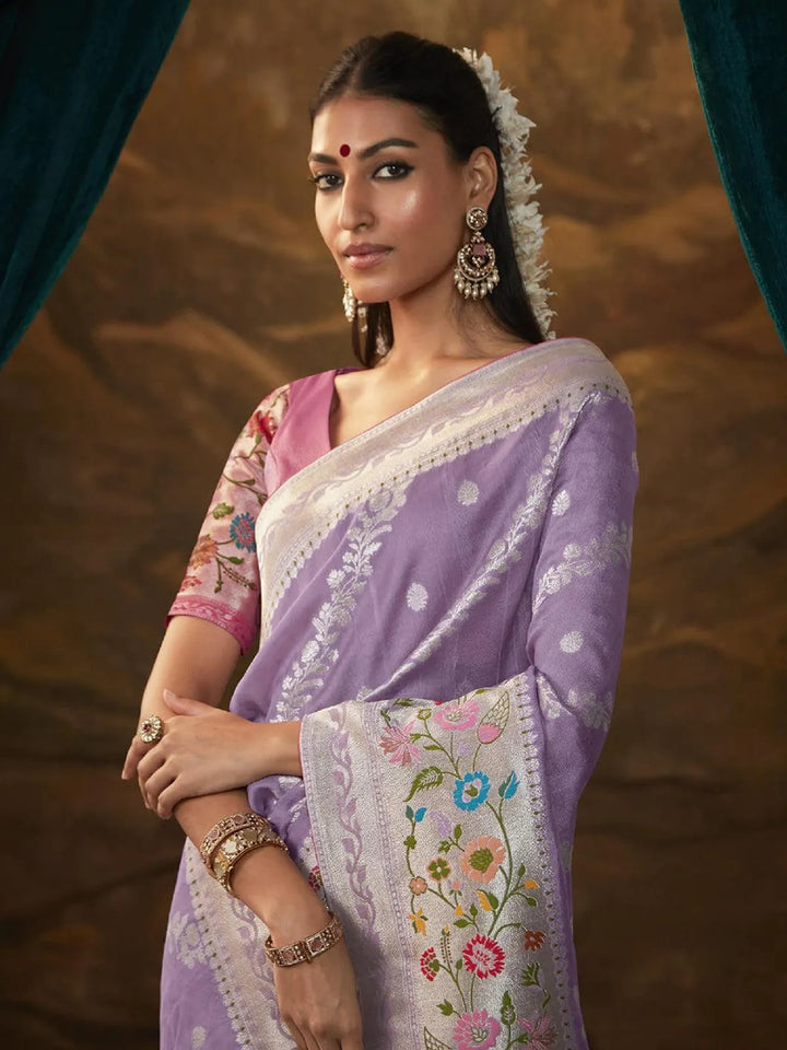 Lavender Woven Dola Silk Zari Work Saree Party Wear - VJV Now