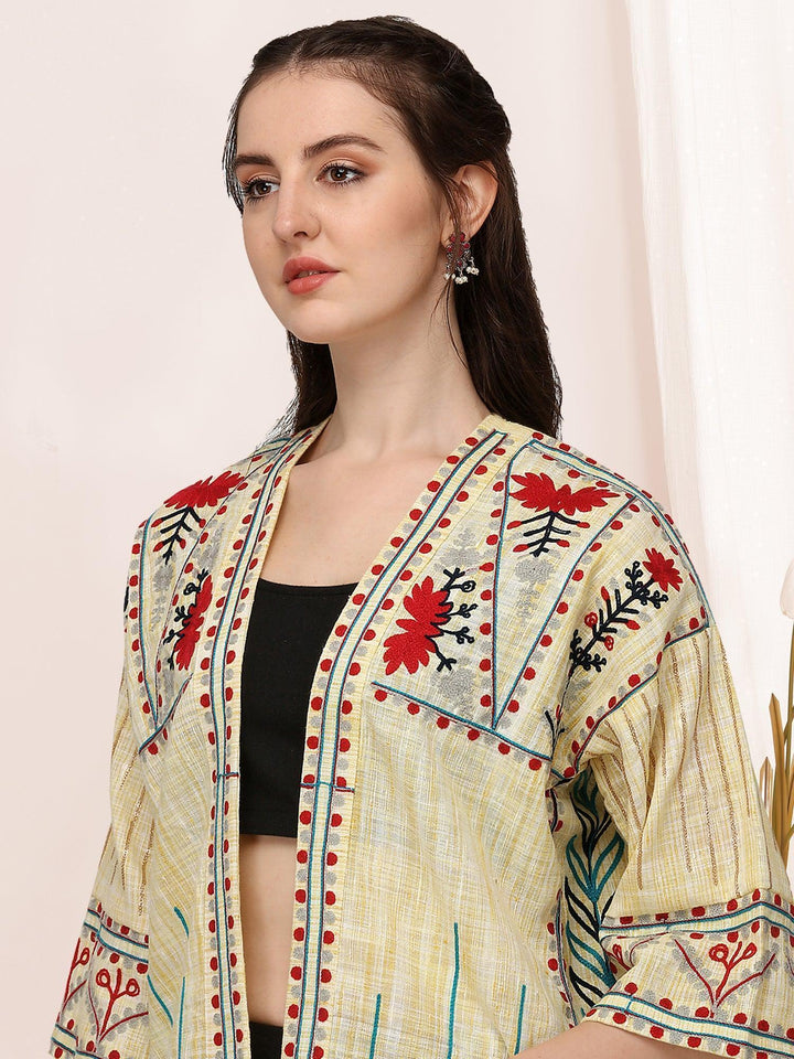 Lemon yellow organic cotton long fancy embroidered ethnic jacket - VJV Now