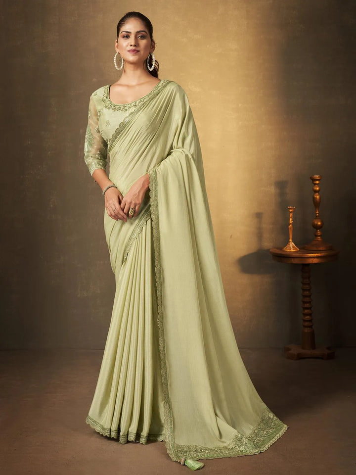 Light Green Georgette Saree with Sequins Embroidered Party Wear - VJV Now