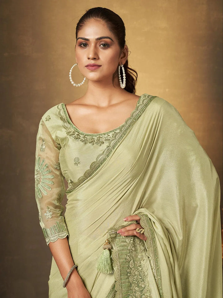 Light Green Georgette Saree with Sequins Embroidered Party Wear - VJV Now