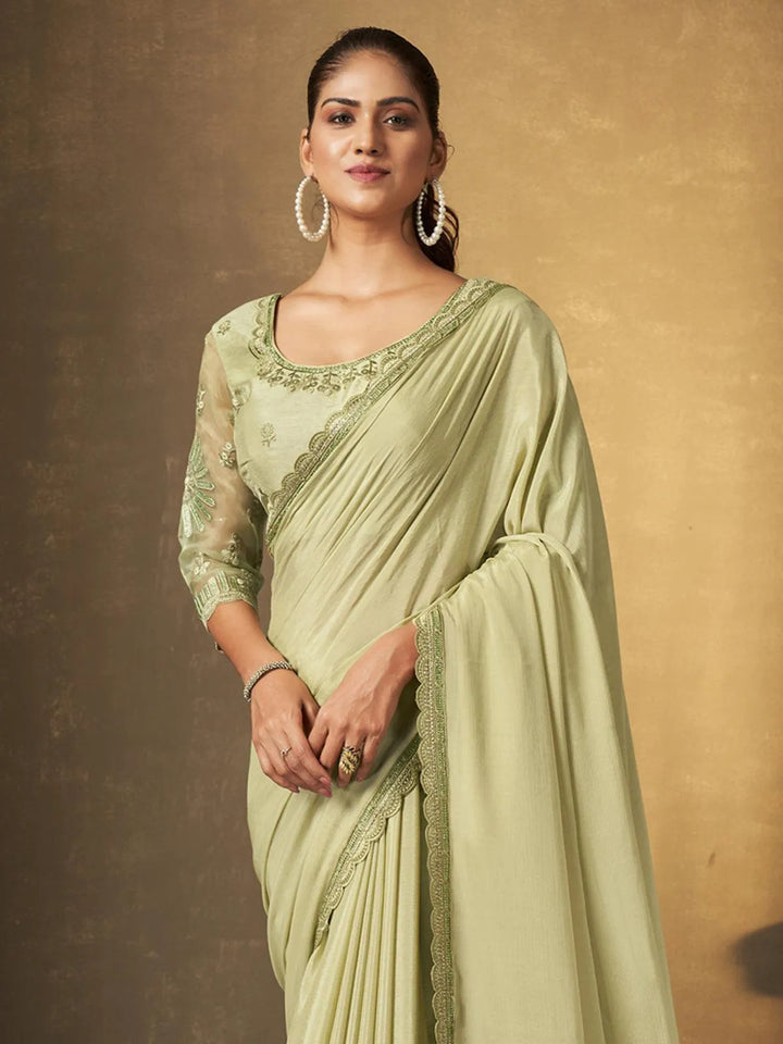 Light Green Georgette Saree with Sequins Embroidered Party Wear - VJV Now