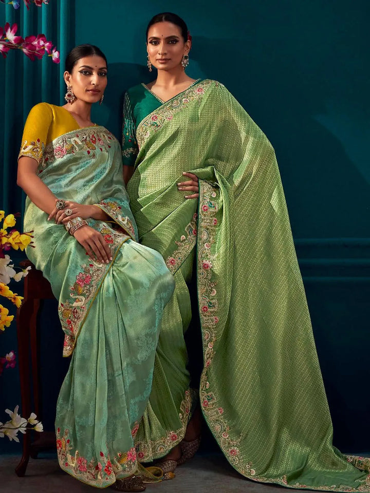 Light Green Woven Banarasi Soft Silk Designer Saree Party Wear - VJV Now