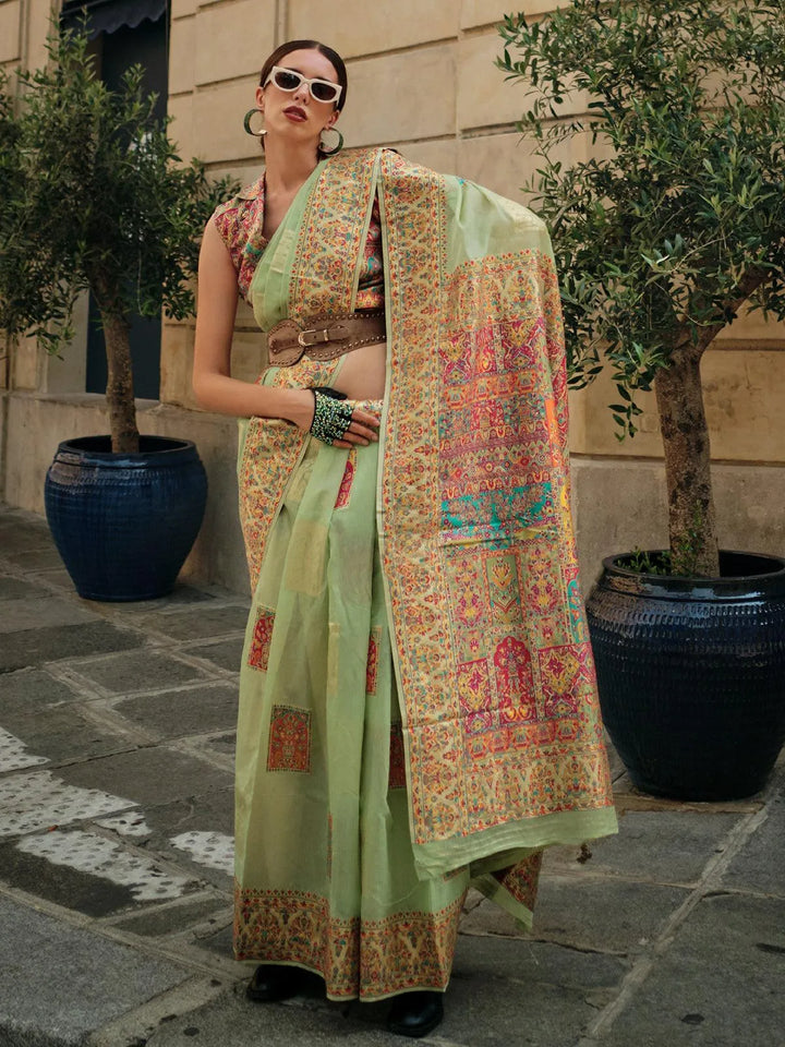 Light Green Woven Zari And Floral Motif Saree - VJV Now