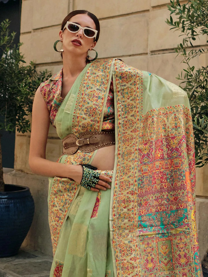 Light Green Woven Zari And Floral Motif Saree - VJV Now