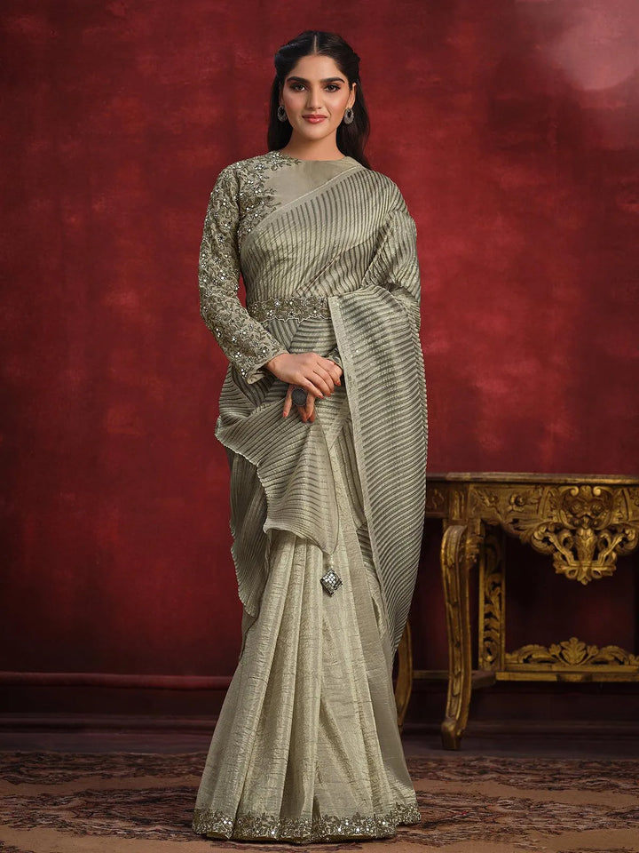 Light Grey Banarasi crush silk saree Party Wear - VJV Now