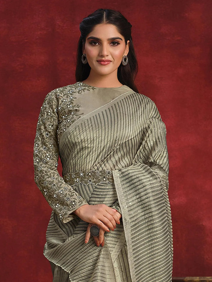 Light Grey Banarasi crush silk saree Party Wear - VJV Now