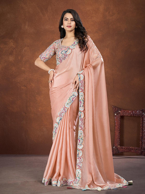 Light Peach Crepe Satin Silk Saree with Sequin Embroidery for Party Wear - VJV Now