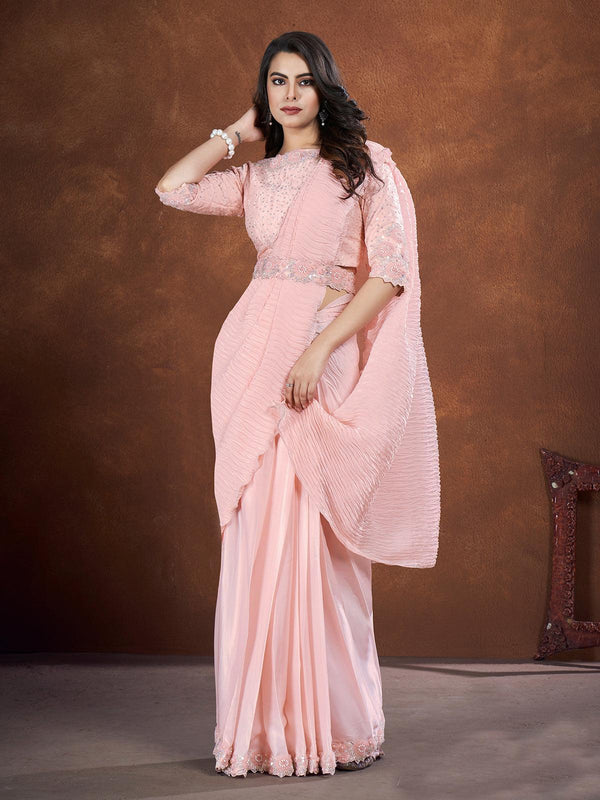 Light Peach Sequin Embroidered Crepe Satin Silk Party Wear Saree - VJV Now