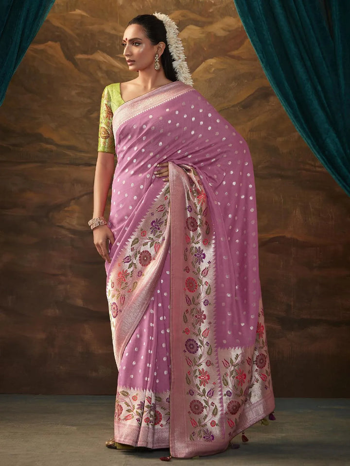 Light Pink Woven Dola Silk Zari Work Saree Party Wear - VJV Now