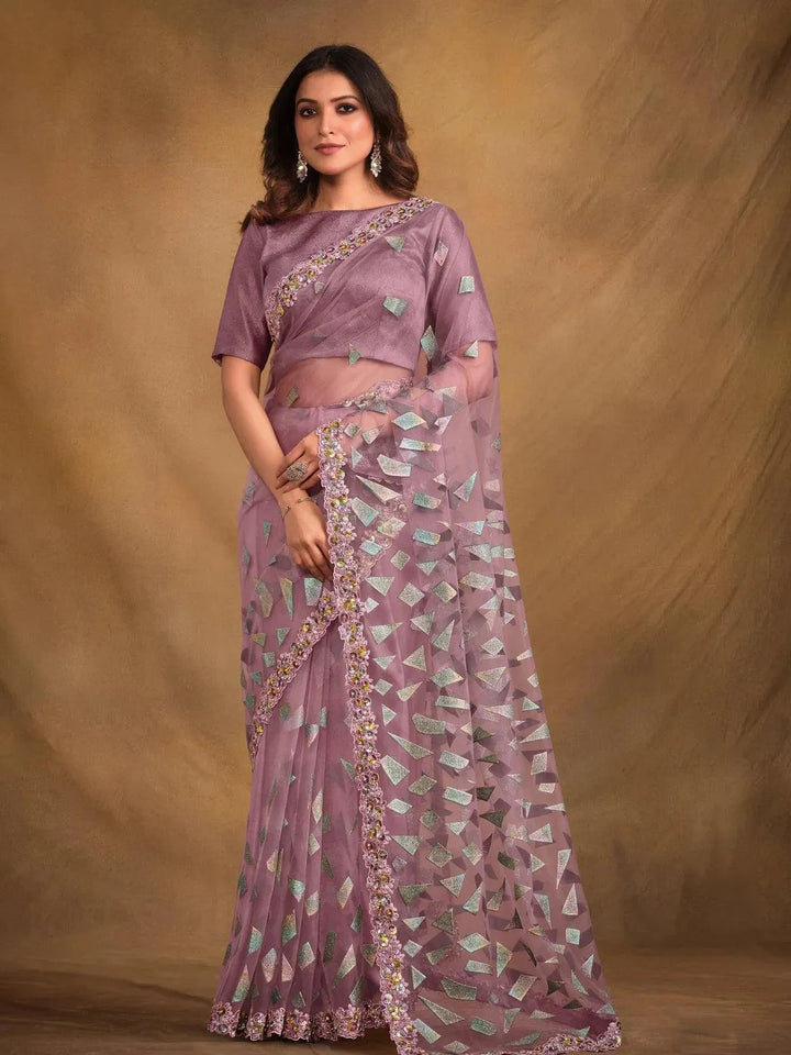 Light Purple Texture Net Embroidered Work Saree - VJV Now