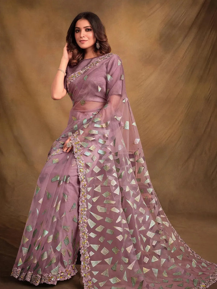 Light Purple Texture Net Embroidered Work Saree - VJV Now