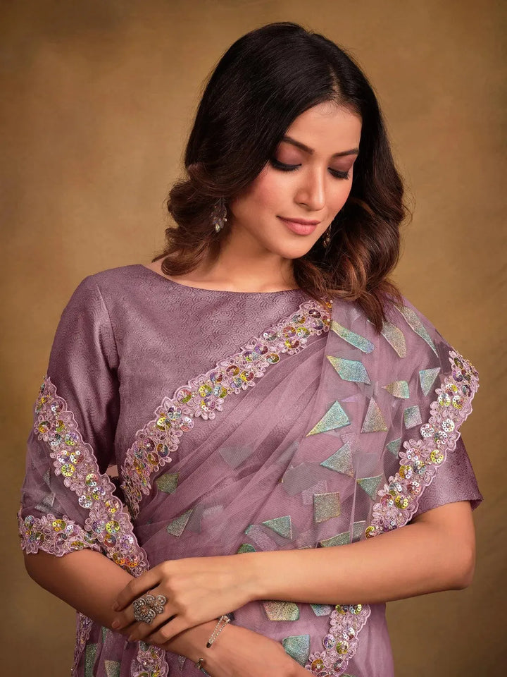 Light Purple Texture Net Embroidered Work Saree - VJV Now