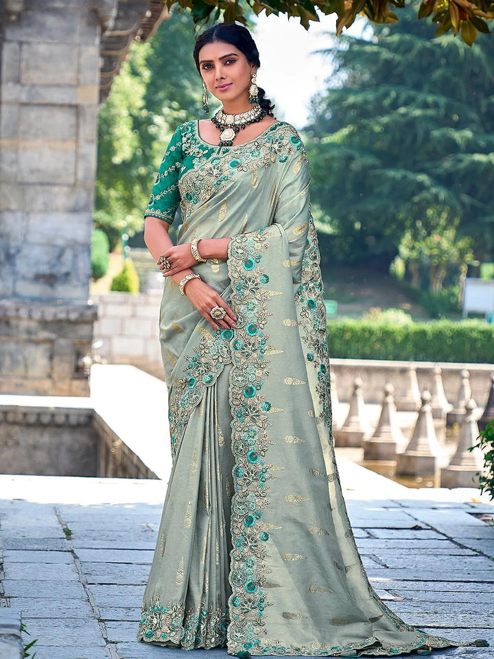 Light Sea Green Color Embroidered Banarasi Silk Saree - VJV Now