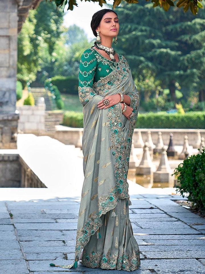 Light Sea Green Color Embroidered Banarasi Silk Saree - VJV Now