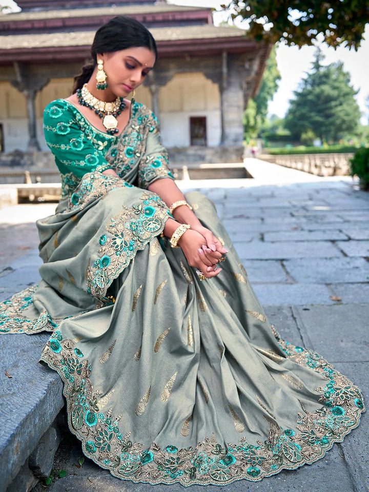 Light Sea Green Color Embroidered Banarasi Silk Saree - VJV Now