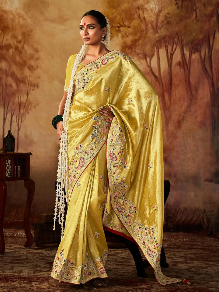 Light Yellow Embroidered Work Silk Saree - VJV Now