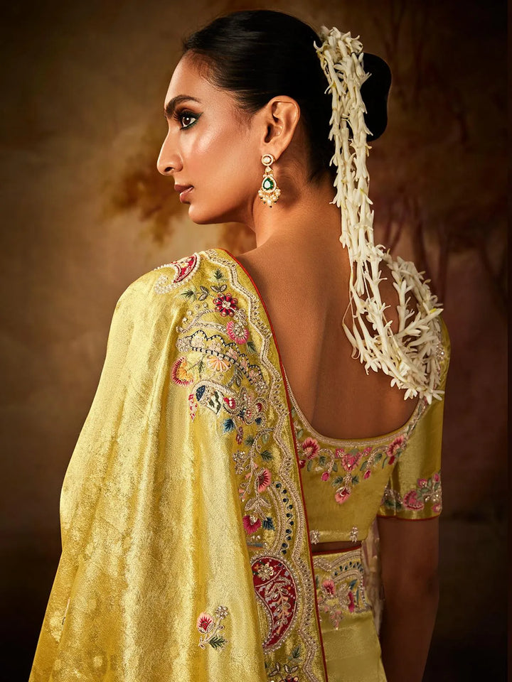 Light Yellow Embroidered Work Silk Saree - VJV Now