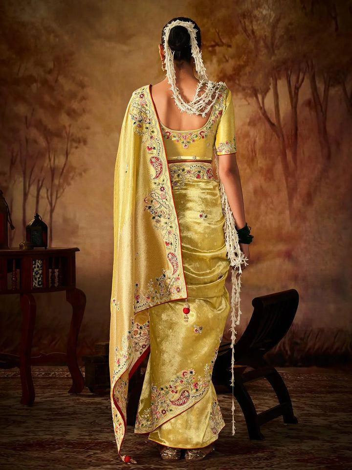 Light Yellow Embroidered Work Silk Saree - VJV Now