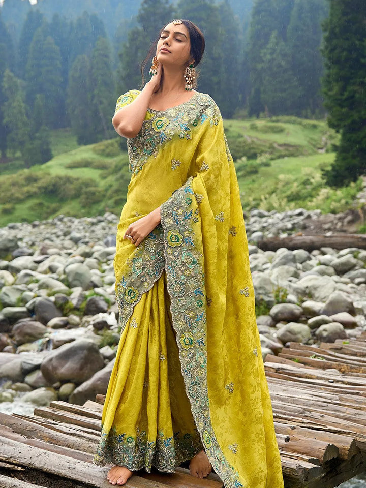 Lime Green Heavy Embroidered Work Designer Wear Saree - VJV Now