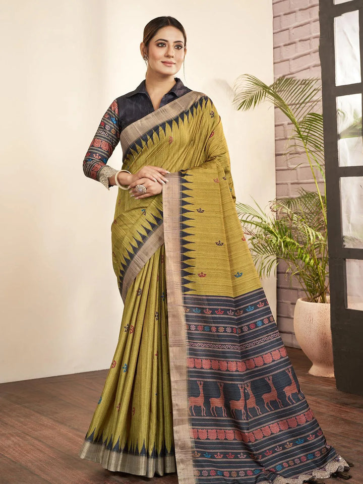 Lime Yellow Paisley Printed Classic Silk Saree - VJV Now