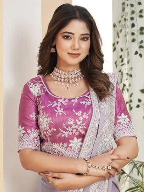 Luxurious Purple Embroidered Weeding Wear Saree with Sequins - VJV Now