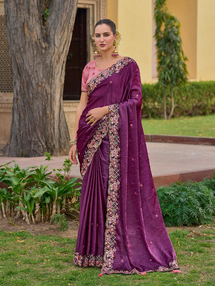 Luxurious Purple Tissue Silk Shimmering Sequin Saree for weeding Reception - VJV Now