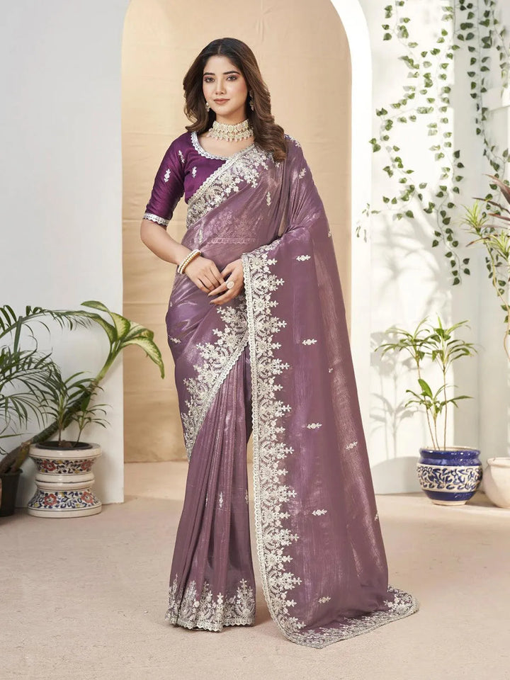 Luxurious Purple Zari Weeding Wear Saree with Heavy Zardosi Work - VJV Now