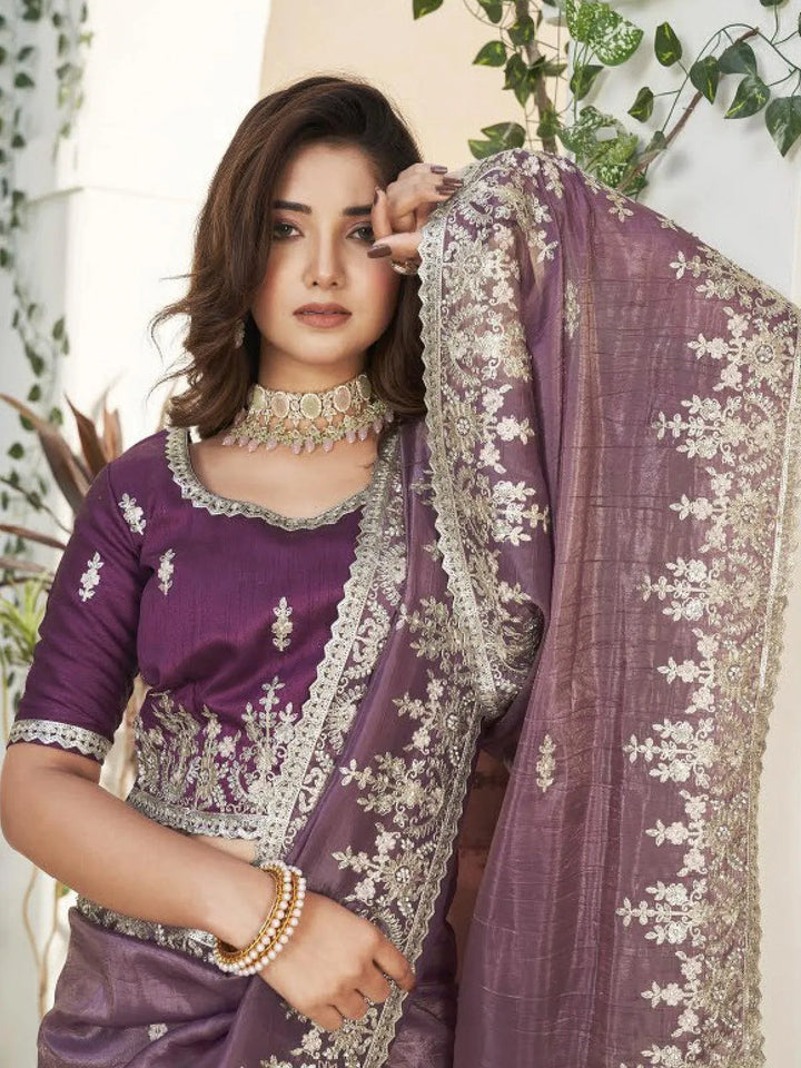 Luxurious Purple Zari Weeding Wear Saree with Heavy Zardosi Work - VJV Now