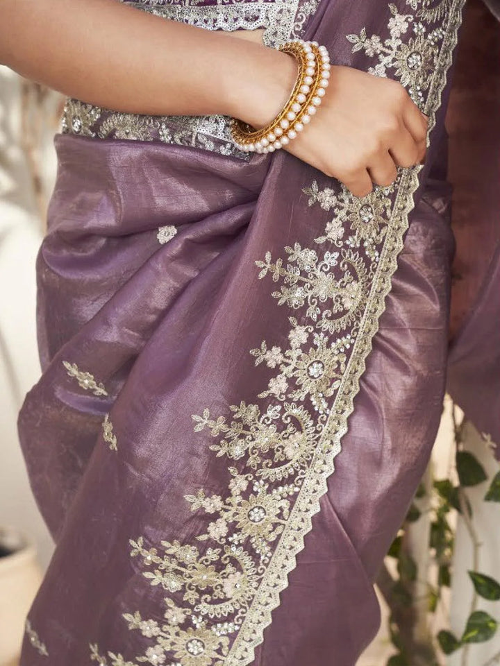 Luxurious Purple Zari Weeding Wear Saree with Heavy Zardosi Work - VJV Now