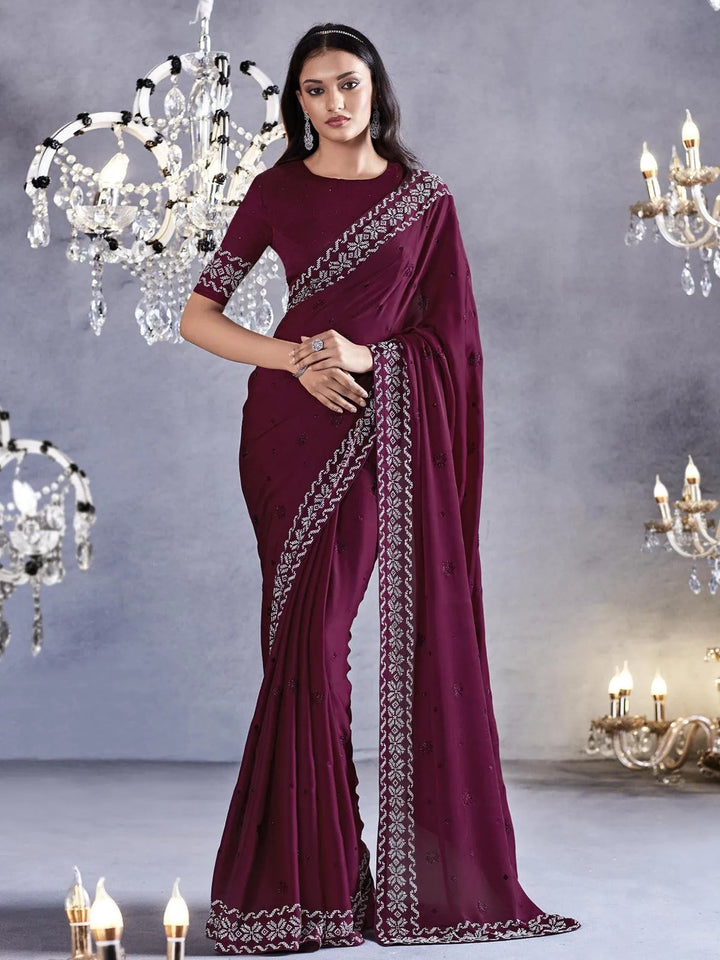 Maroon Art Silk Georgette Silver Embroidered Border Design Saree Party Wear - VJV Now