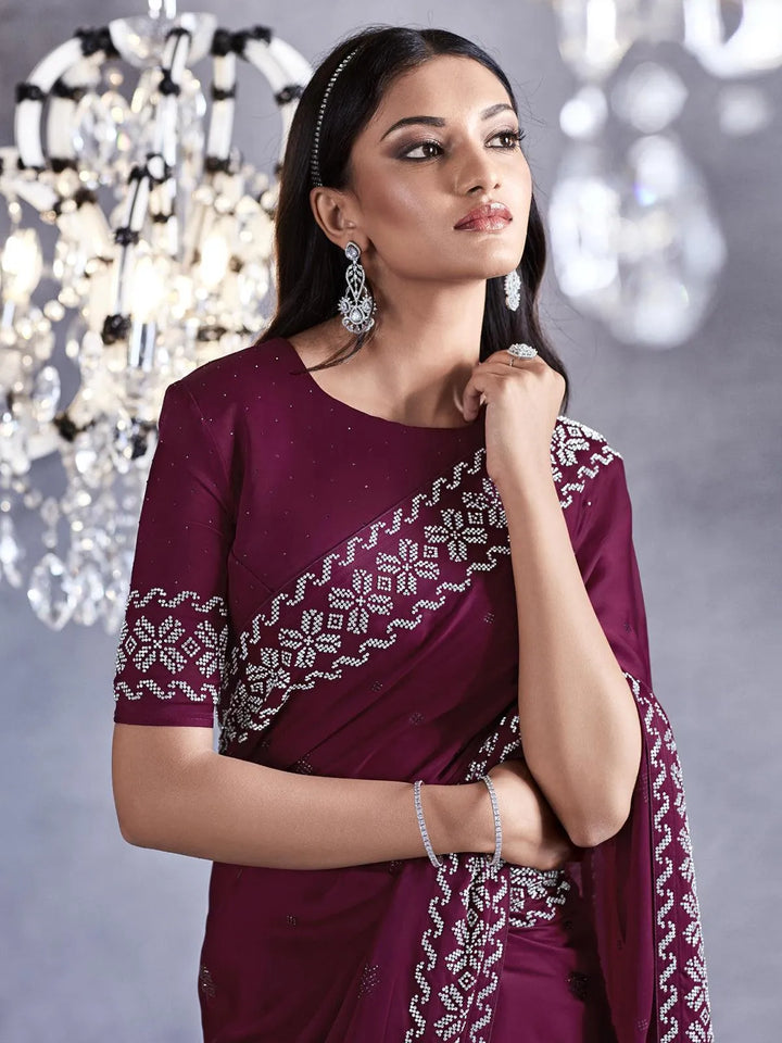 Maroon Art Silk Georgette Silver Embroidered Border Design Saree Party Wear - VJV Now