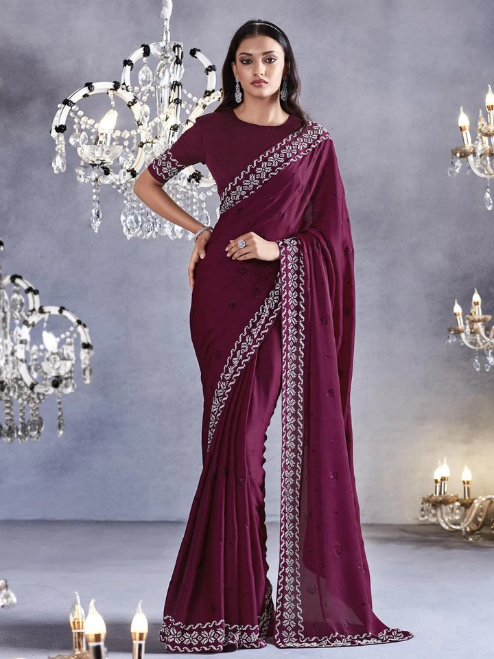 Maroon Art Silk Georgette Silver Embroidered Border Design Saree Party Wear - VJV Now