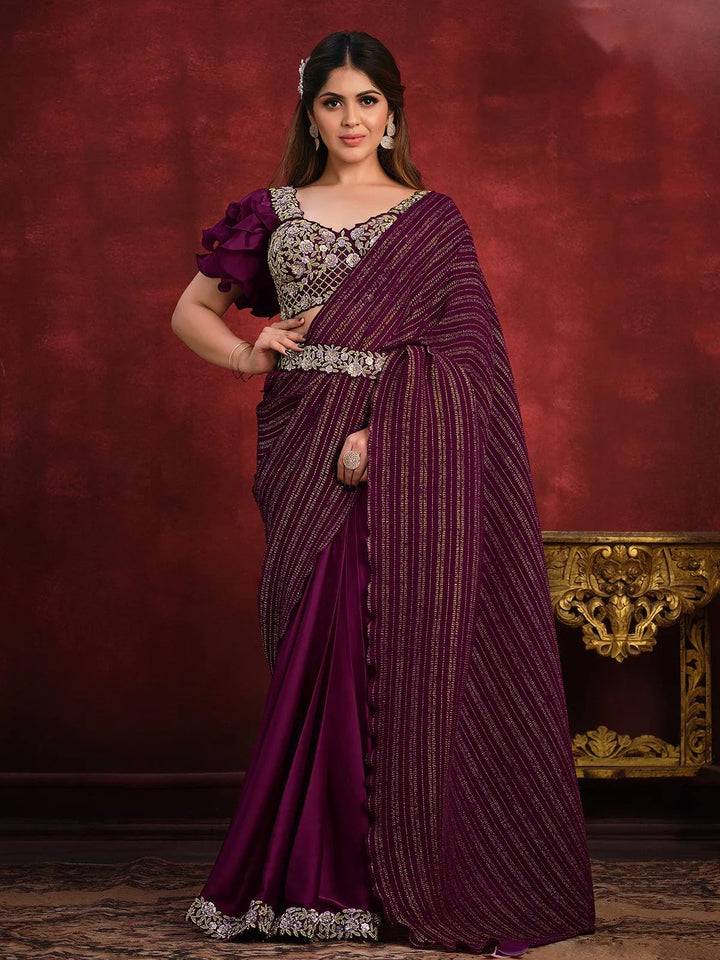 Maroon Banarasi crush silk saree Party Wear - VJV Now