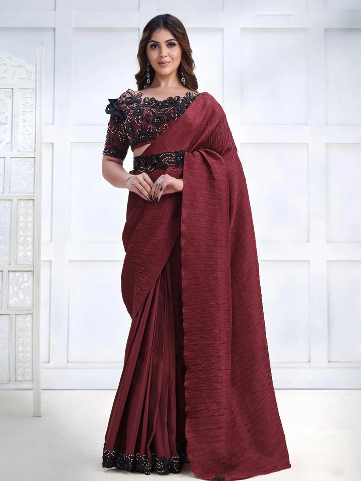 Maroon Color Art Silk White Embroidered and Stone Work Saree - VJV Now