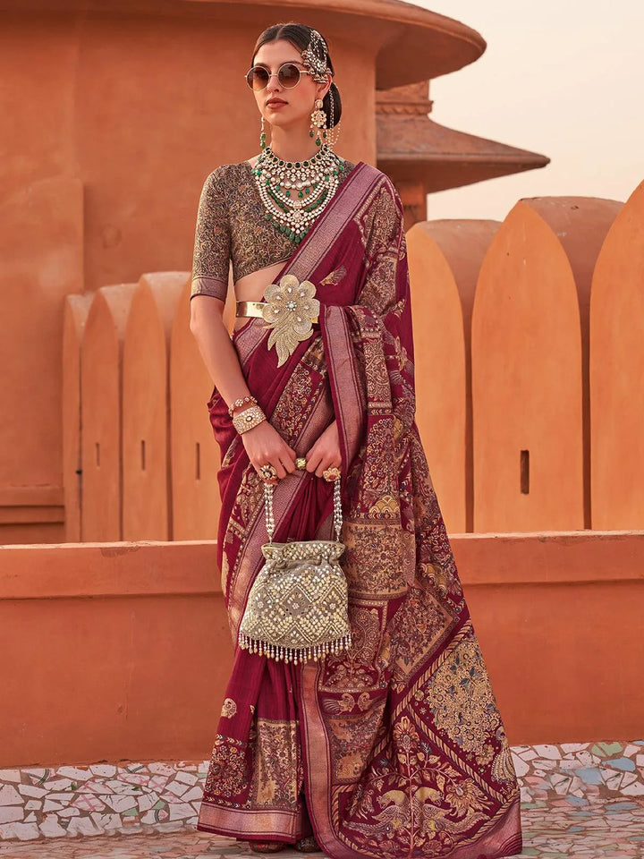 Maroon Color Printed Classic Silk Saree - VJV Now