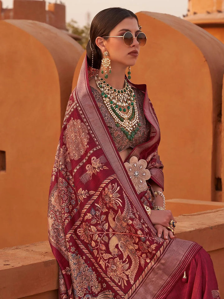 Maroon Color Printed Classic Silk Saree - VJV Now