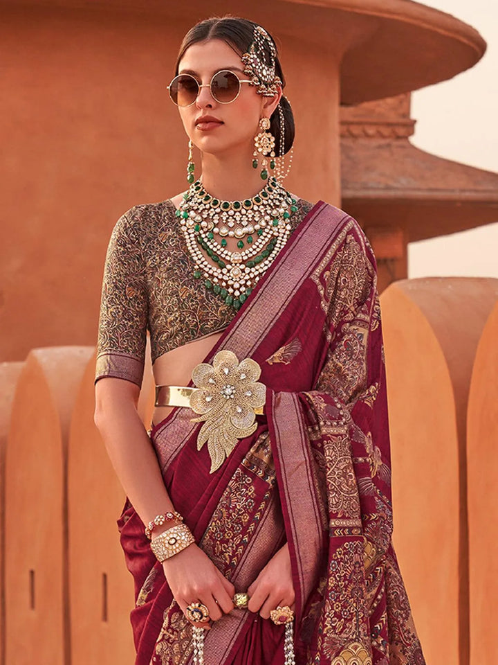 Maroon Color Printed Classic Silk Saree - VJV Now